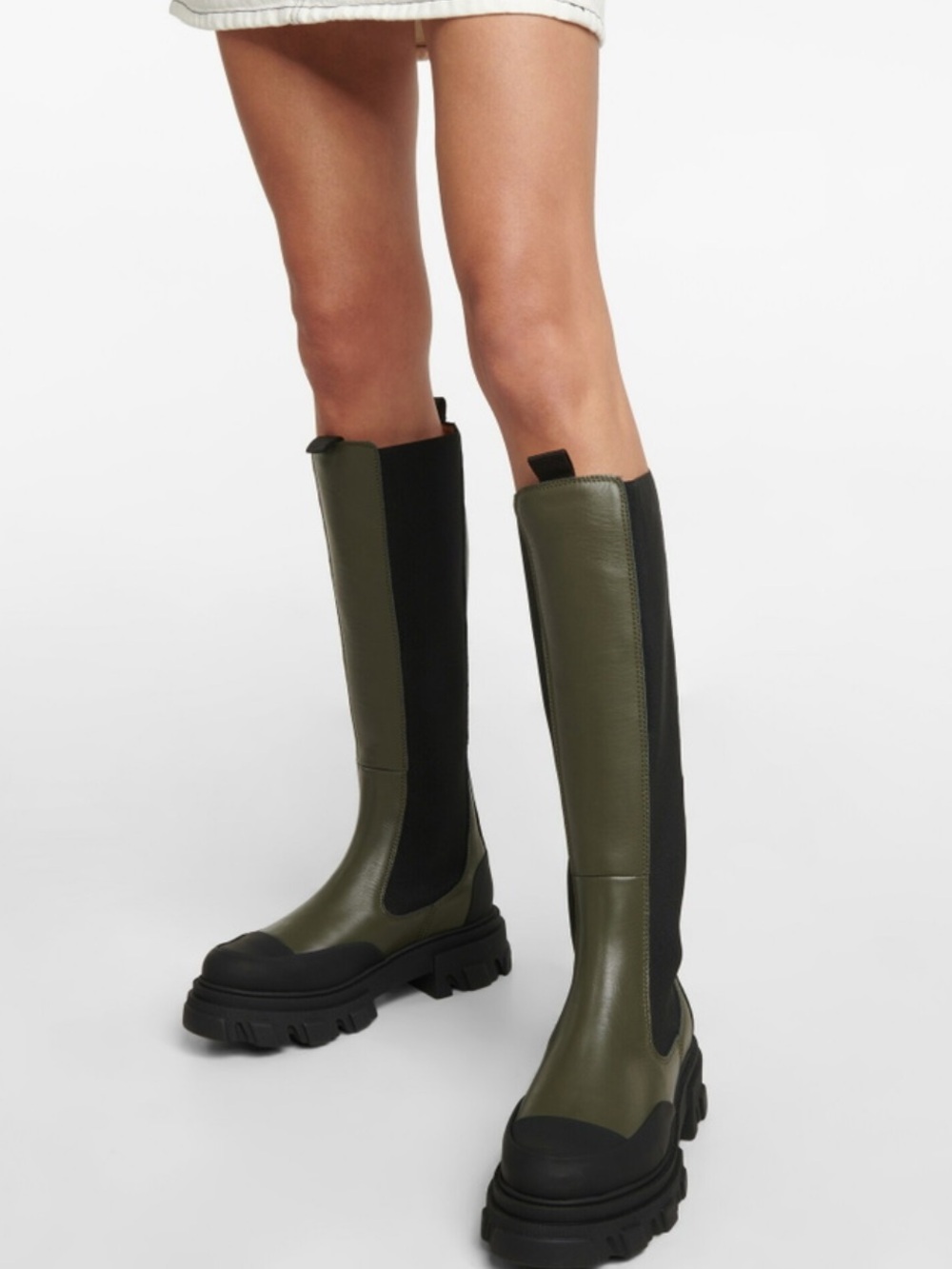 Ganni Olive Green and Black calf skin leather Lug Sole Boots